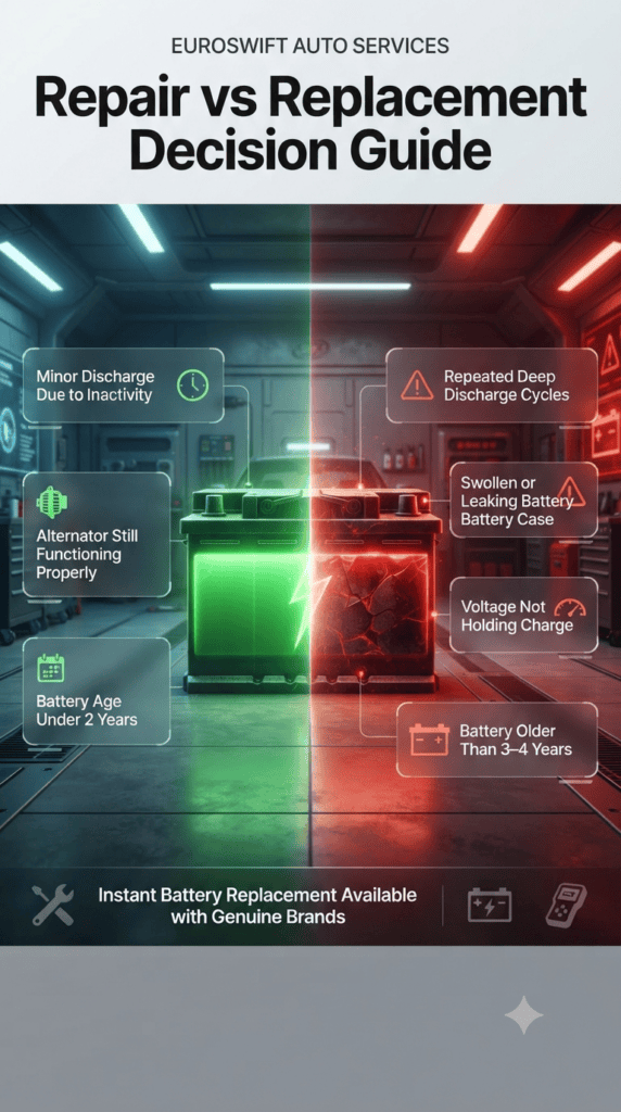 Car Battery Repair vs Replacement Decision Guide Explained Automotive infographic comparing car battery repair vs replacement decisions based on symptoms like discharge, age, voltage failure, and battery condition.