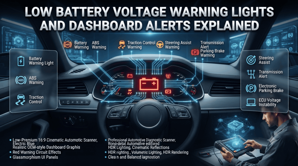 Low Battery Voltage Warning Lights and Dashboard Alerts Explained Premium automotive infographic showing battery warning light, ABS, traction control, steering, transmission, and parking brake alerts caused by low battery voltage.