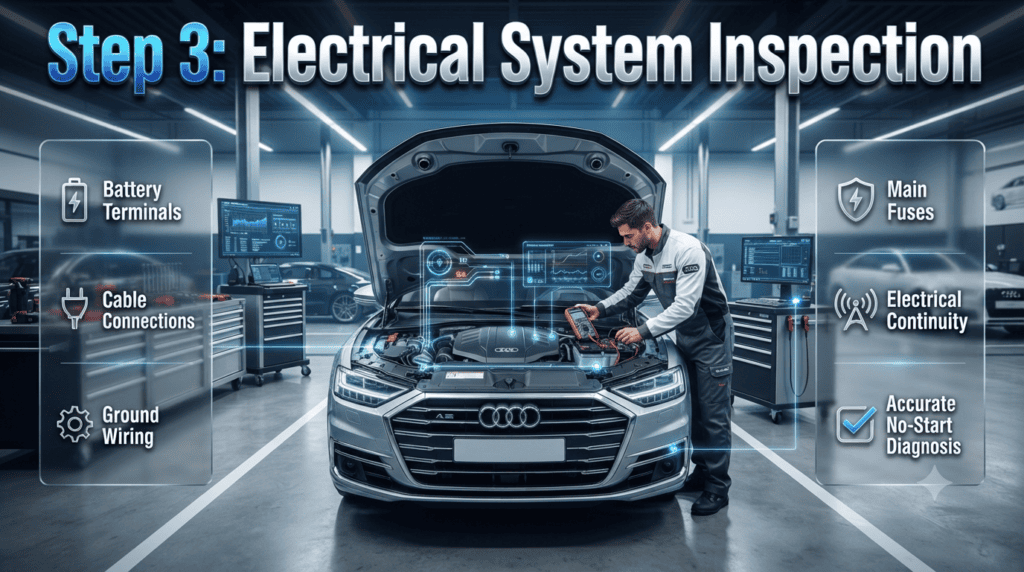 Electrical System Inspection Before Car Battery Replacement Professional technician inspecting a car's electrical system, including battery terminals, cables, fuses, ground wiring, and continuity testing before battery replacement.