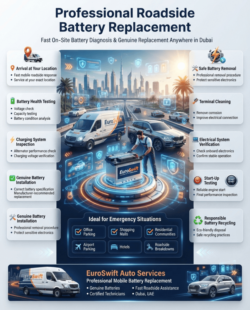 Professional Roadside Battery Replacement in Dubai – Complete Service Guide Premium infographic showing the professional roadside battery replacement process in Dubai, including mobile technician arrival, battery diagnostics, installation, electrical testing, and battery recycling.