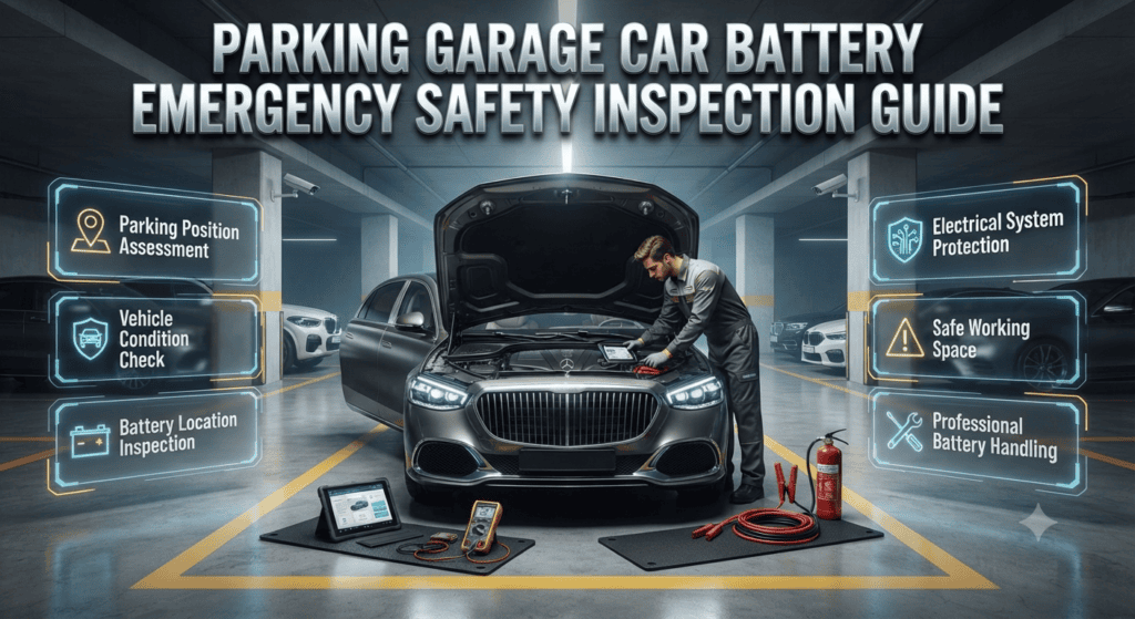 Parking Garage Car Battery Emergency Safety Inspection Guide Professional technician performing safe car battery emergency service inside parking garage with vehicle electrical inspection