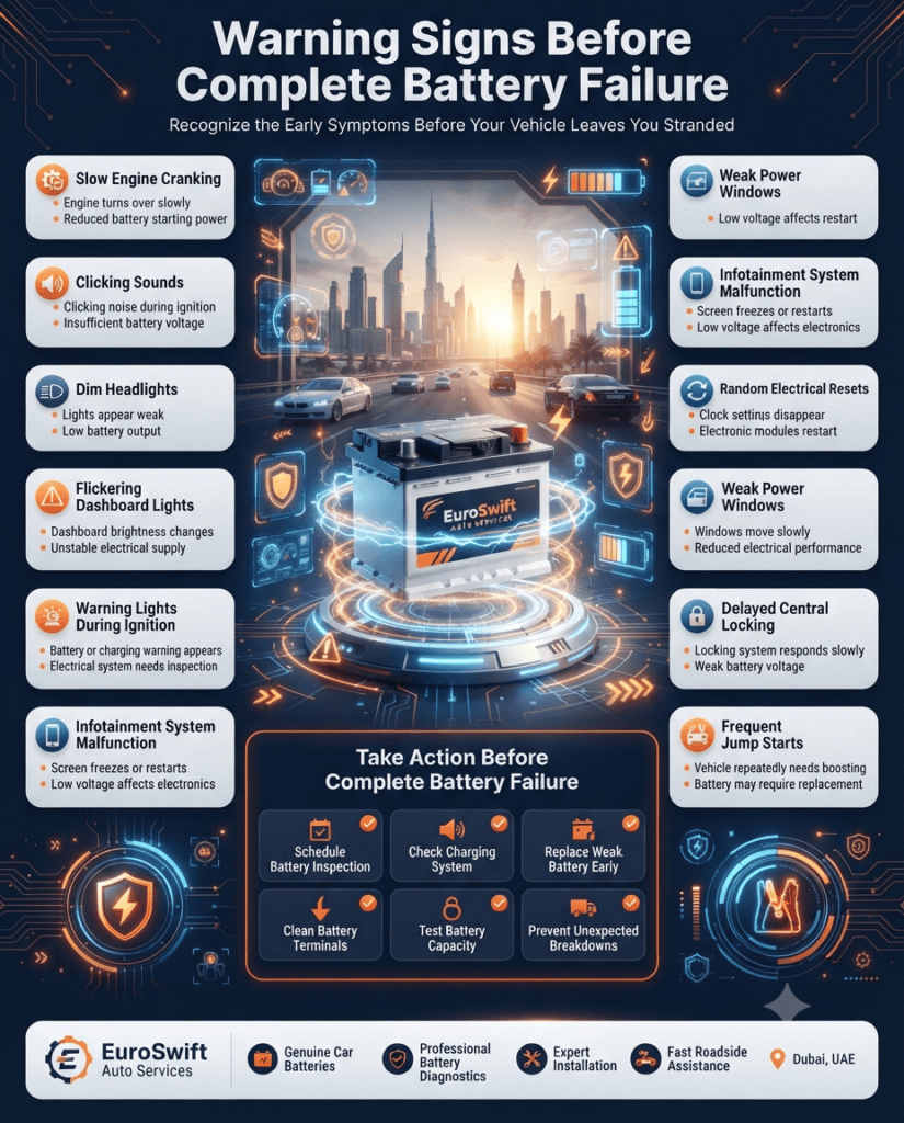 Warning Signs Before Complete Battery Failure – Complete User Guide Professional infographic showing the warning signs before complete car battery failure, including slow engine cranking, dim headlights, dashboard warning lights, clicking sounds, weak power windows, and frequent jump starts.
