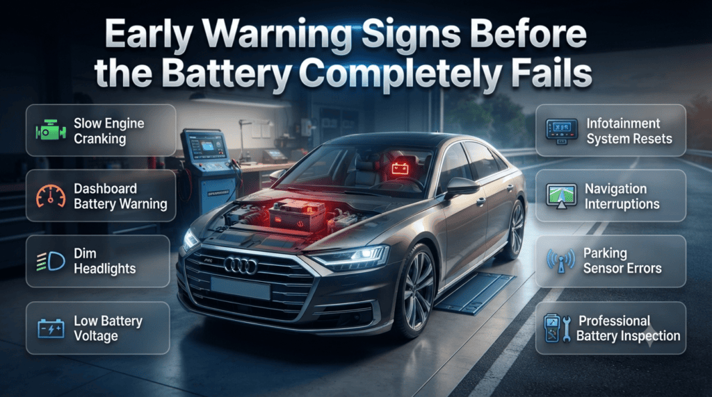 Early Warning Signs Before the Battery Completely Fails Infographic showing early warning signs of a failing car battery, including slow engine cranking, dashboard battery warning light, dim headlights, and electronic system malfunctions.
