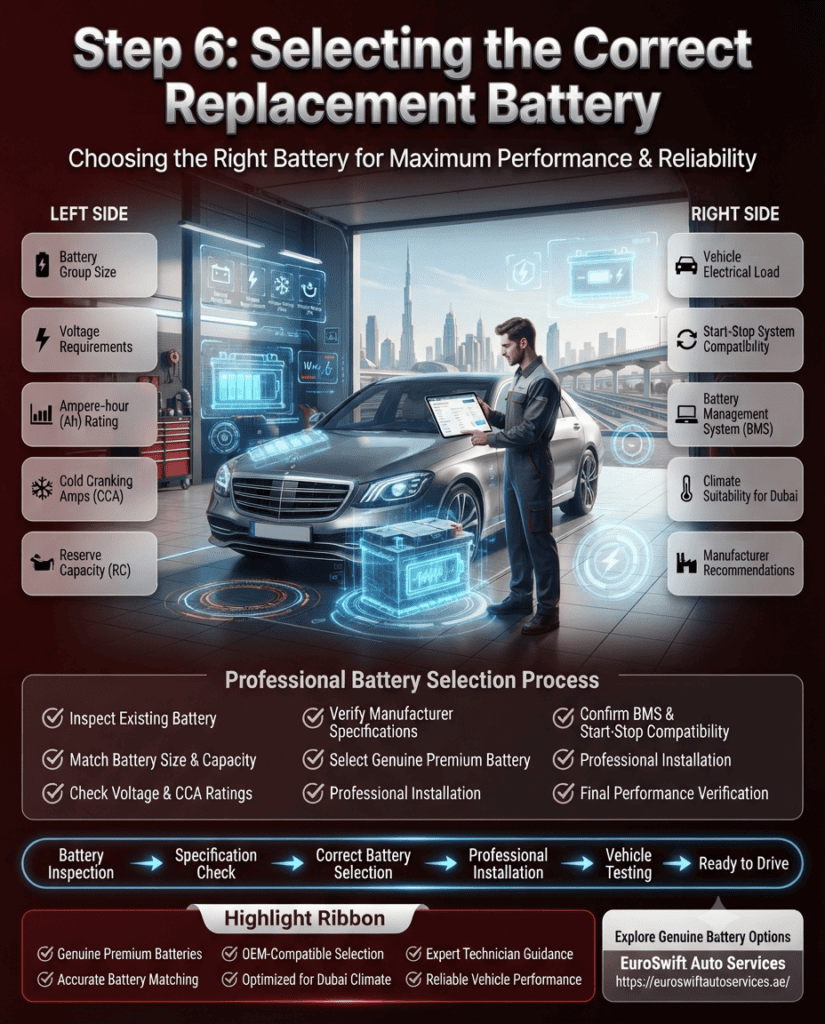 Step 6: Selecting the Correct Replacement Battery for Your Vehicle Infographic showing how technicians select the correct replacement car battery by matching battery size, voltage, Ah rating, CCA, reserve capacity, BMS compatibility, and manufacturer specifications for vehicles in Dubai.