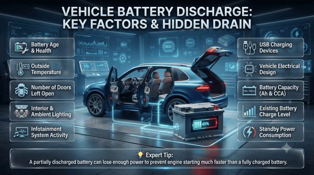 Professional infographic explaining how long a car battery lasts with doors left open, highlighting battery age, electronics, temperature, lighting, and standby power factors.