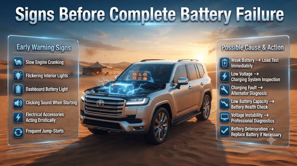 Infographic showing early warning signs of car battery failure, including slow engine cranking, dashboard battery light, flickering lights, and jump-starts after desert driving in Dubai.