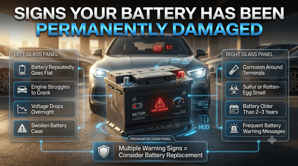 Premium automotive infographic showing the warning signs of a permanently damaged car battery, including swelling, corrosion, low voltage, and difficult engine starting.