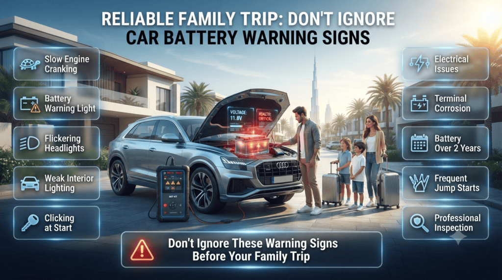 Warning Signs of a Weak Car Battery Before Family Vacation Dubai Modern family SUV displaying common warning signs of a weak car battery before a Dubai vacation, including dashboard battery light, dim headlights, corrosion, and slow engine start.