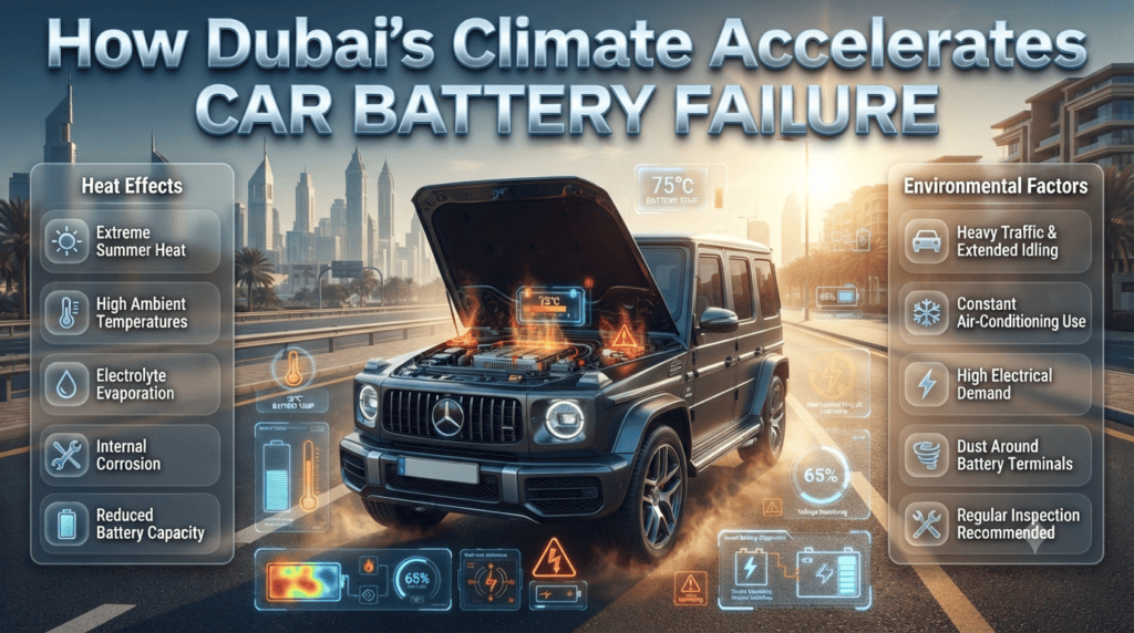 How Dubai's Climate Accelerates Car Battery Failure Modern car exposed to Dubai's extreme heat showing battery deterioration, high temperatures, sunlight, traffic, and electrical load affecting battery life.