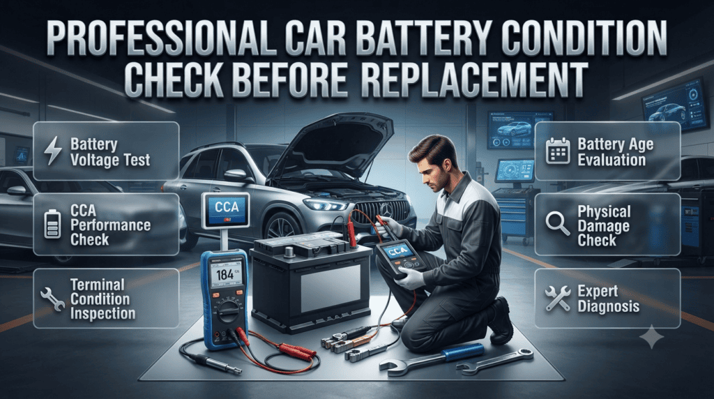 Professional Car Battery Condition Check Before Replacement Car battery inspection process showing voltage testing, CCA measurement, terminal checks, and technician diagnosis before replacement