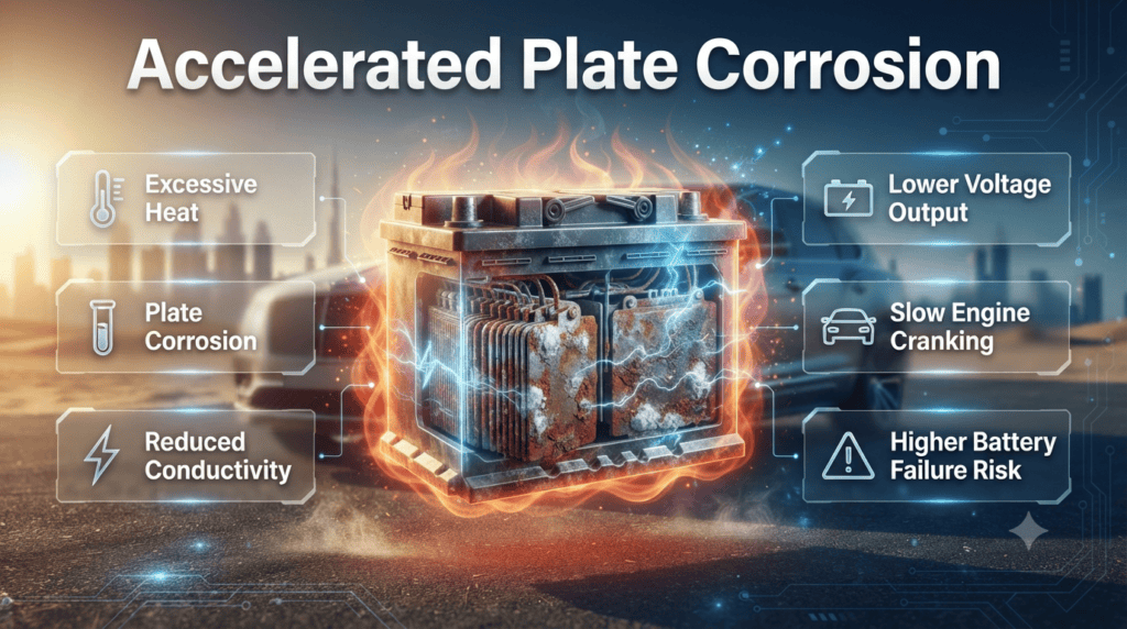 Accelerated Battery Plate Corrosion Due to Extreme Heat Photorealistic car battery with corroded lead plates caused by extreme heat, illustrating reduced conductivity, lower voltage, slow engine cranking, and battery failure.