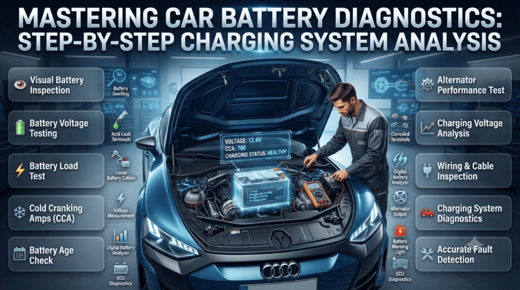 Professional infographic showing complete car battery testing after repeated engine restarts, including visual inspection, voltage testing, load testing, CCA analysis, and alternator diagnostics.