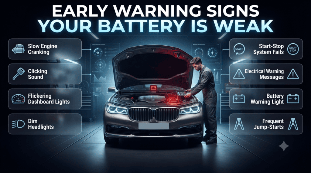 Infographic illustrating early warning signs of a weak car battery, including slow engine cranking, dim headlights, dashboard warning lights, and frequent jump-starts.