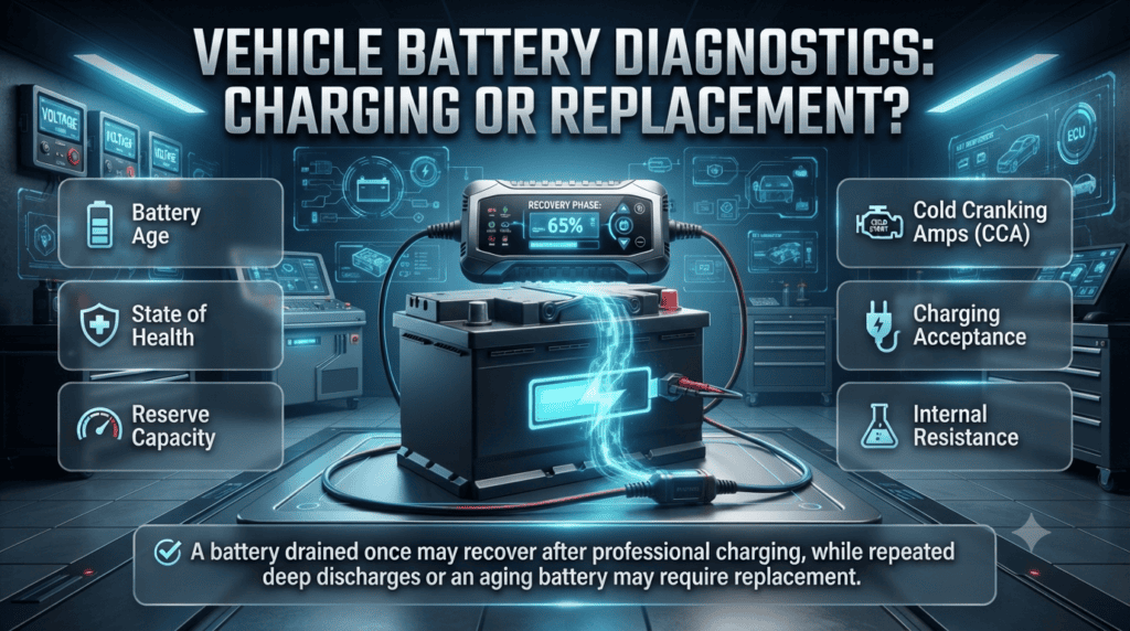 Professional automotive infographic explaining when a discharged car battery can be recharged, highlighting battery testing, age, health, reserve capacity, CCA, and charging acceptance.