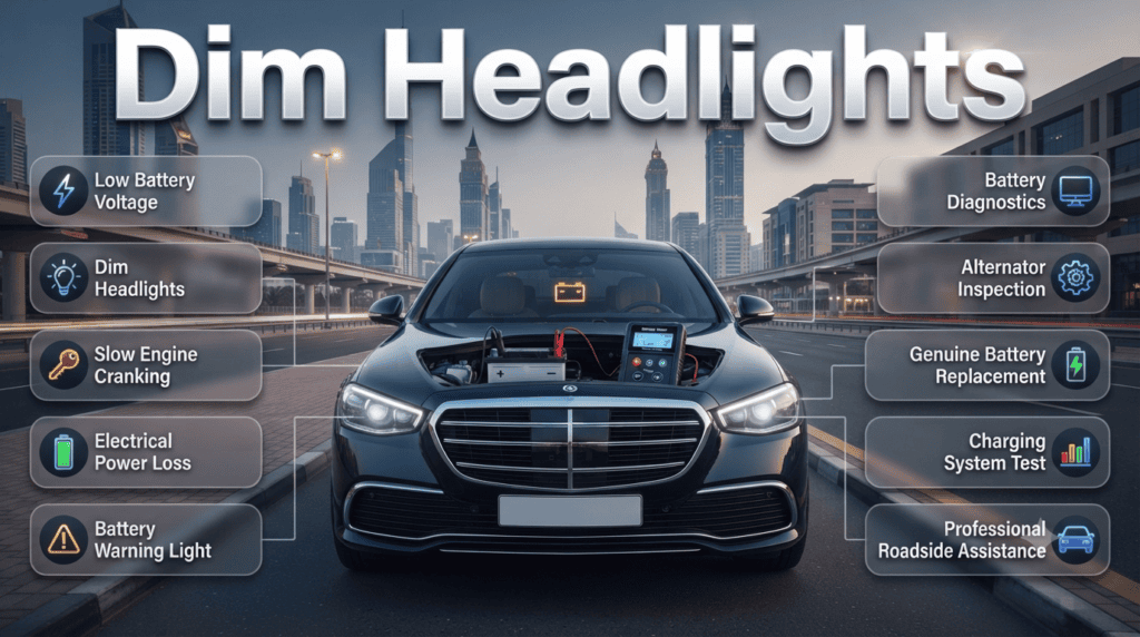 Dim Headlights: Warning Sign of a Weak Car Battery in Dubai Close-up of dim car headlights caused by a weak battery, highlighting low voltage, battery diagnostics, and warning signs in Dubai driving conditions.