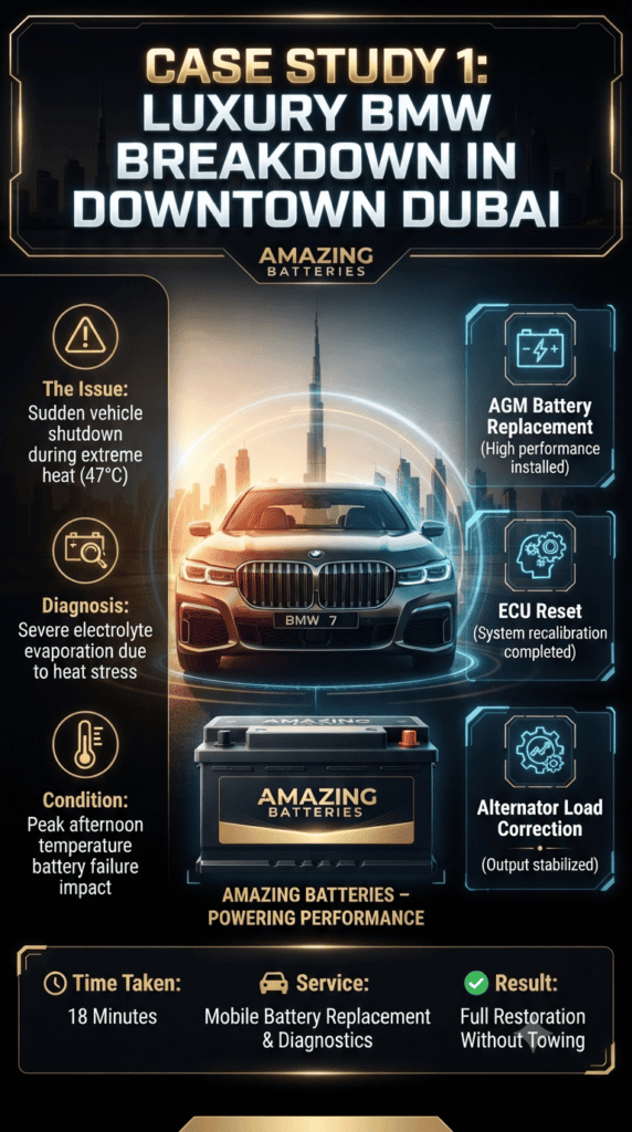 Case Study 1: Luxury BMW Breakdown in Downtown Dubai Luxury BMW 7 Series breakdown case study in Downtown Dubai showing heat failure diagnosis, AGM battery replacement solution, ECU reset, and alternator correction with 18-minute mobile service result infographic.