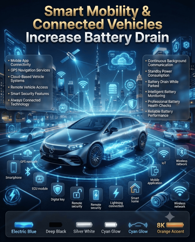 Smart Mobility & Connected Vehicles Increase Battery Drain | Connected Car Battery Guide Dubai Premium automotive infographic illustrating how connected vehicles use mobile apps, GPS, cloud services, remote access, and smart technology that continuously consume battery power even when the engine is turned off.