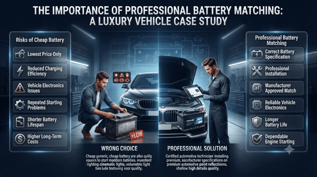 Infographic showing the risks of purchasing the cheapest car battery, including reduced charging efficiency, electrical issues, shorter lifespan, and higher maintenance costs.