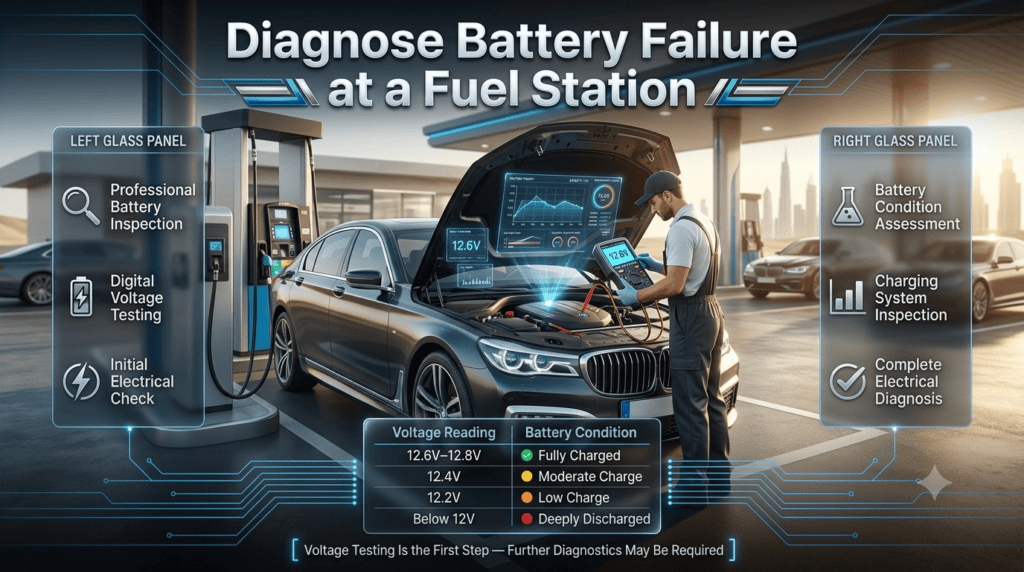 Premium automotive infographic showing professional battery voltage testing at a Dubai fuel station with voltage readings and battery condition reference chart.