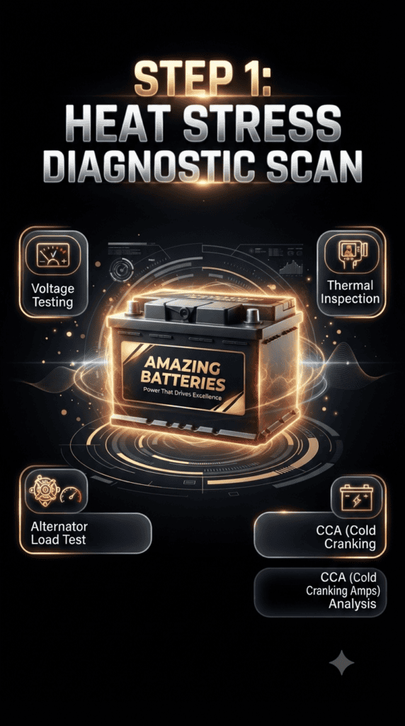 Heat Stress Diagnostic Scan – Car Battery Health Check Guide Premium automotive battery diagnostic infographic showing heat stress scan with voltage testing, thermal inspection, CCA analysis, and alternator load test around a central branded battery.