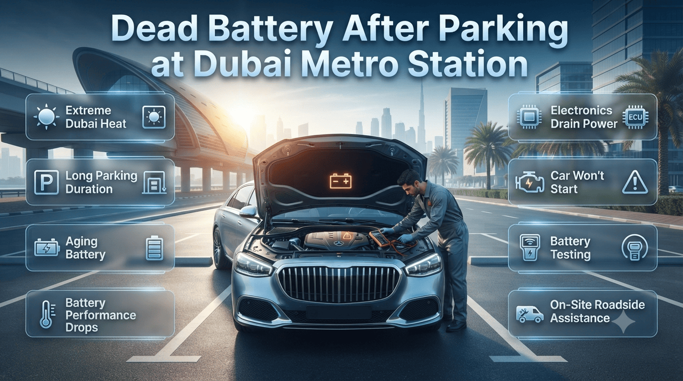 Infographic showing a car with a dead battery parked at a Dubai Metro station under extreme heat, highlighting battery drain causes, warning signs, and emergency roadside assistance.
