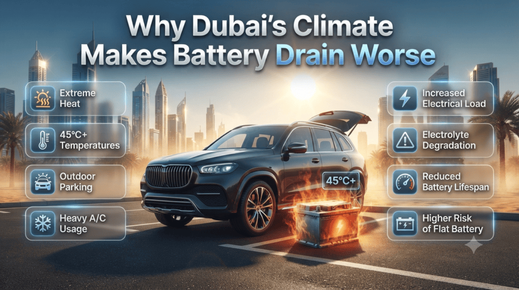 Infographic showing Dubai's extreme heat affecting a car battery, highlighting high temperatures, electrical demand, and reduced battery lifespan.
