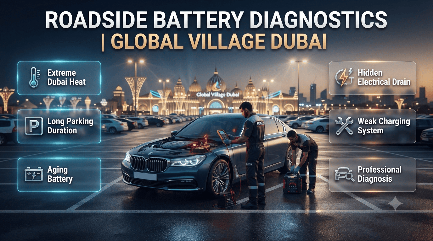 Car with a dead battery in the Global Village Dubai parking area as a technician provides jump-start and battery diagnostic assistance.