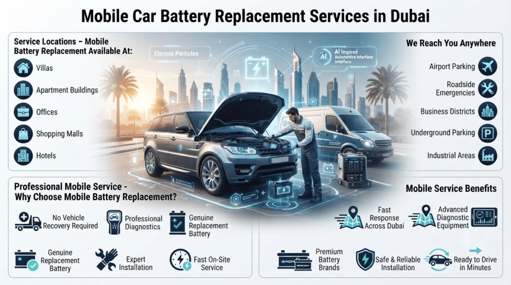 Mobile Car Battery Replacement Services in Dubai | Premium User Guide Premium infographic showing mobile car battery replacement services in Dubai with a luxury SUV, professional technician, service locations, and mobile battery installation benefits.