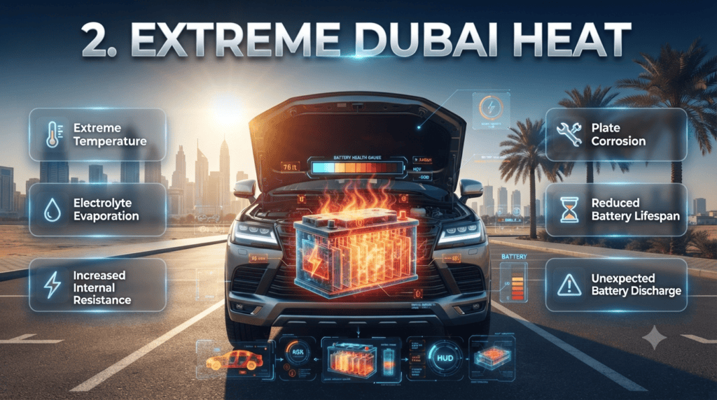 How Extreme Dubai Heat Damages Your Car Battery Faster Infographic showing extreme Dubai heat affecting a car battery through electrolyte evaporation, plate corrosion, higher resistance, and reduced battery life.