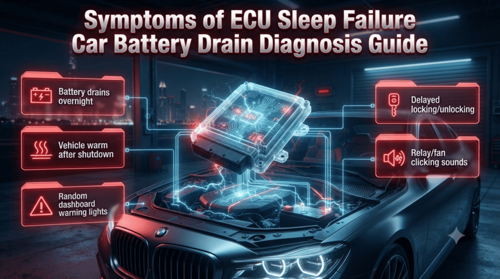 Symptoms of ECU Sleep Failure Car Battery Drain Diagnosis Guide ECU sleep failure symptoms causing overnight battery drain dashboard warning lights relay clicking and vehicle electrical issues infographic