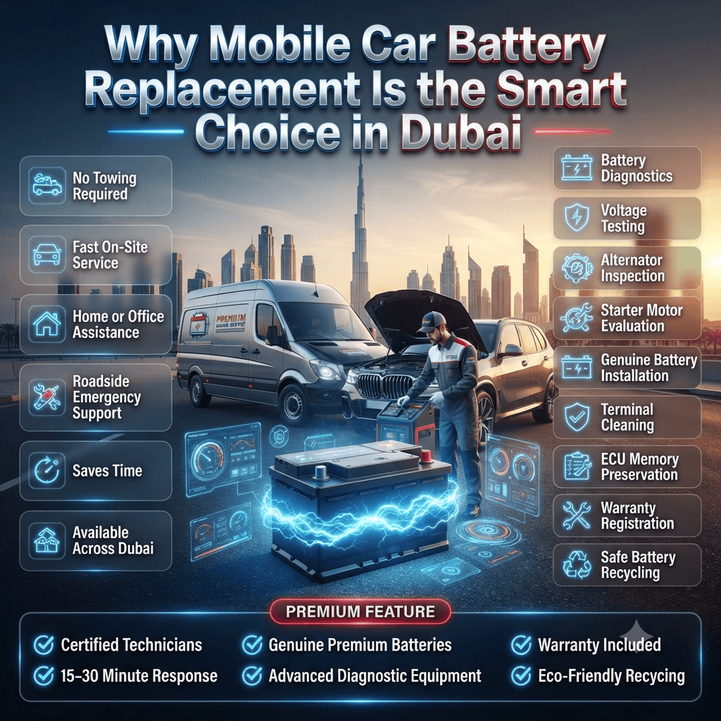 Why Mobile Car Battery Replacement Is the Smart Choice in Dubai | Professional Roadside Battery Service Premium automotive infographic showing the benefits of mobile car battery replacement in Dubai, including on-site diagnostics, voltage testing, alternator inspection, genuine battery installation, ECU memory preservation, warranty registration, and battery recycling.