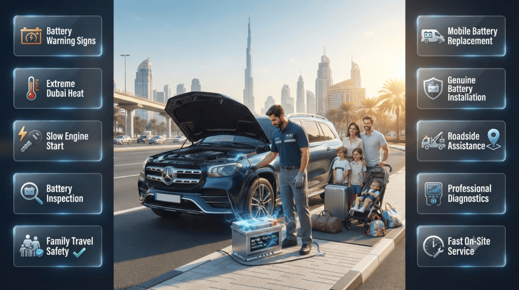 Family stranded beside a car in Dubai with a dead battery while a mobile technician performs a professional battery replacement during a family vacation.