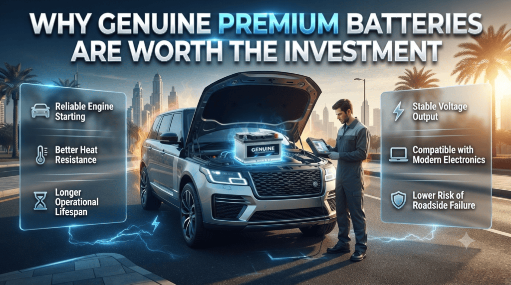 Why Genuine Premium Car Batteries Are Worth the Investment Infographic comparing genuine premium car batteries with low-quality alternatives, highlighting reliable starting, heat resistance, longer lifespan, and stable performance.