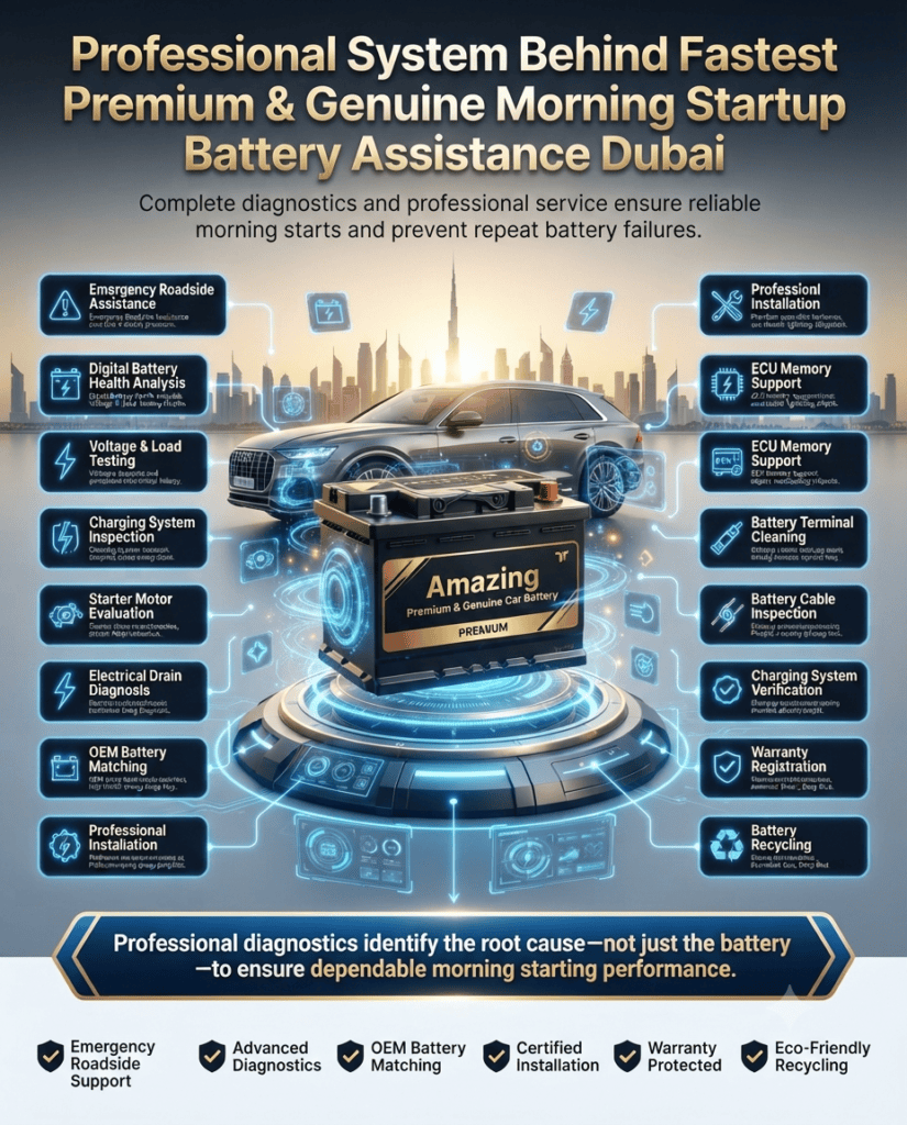 Professional System Behind Fastest Premium & Genuine Morning Startup Battery Assistance Dubai Professional automotive infographic illustrating the complete service system behind morning startup battery assistance in Dubai, including roadside assistance, battery diagnostics, voltage testing, alternator inspection, starter motor evaluation, ECU memory support, battery installation, and warranty registration.