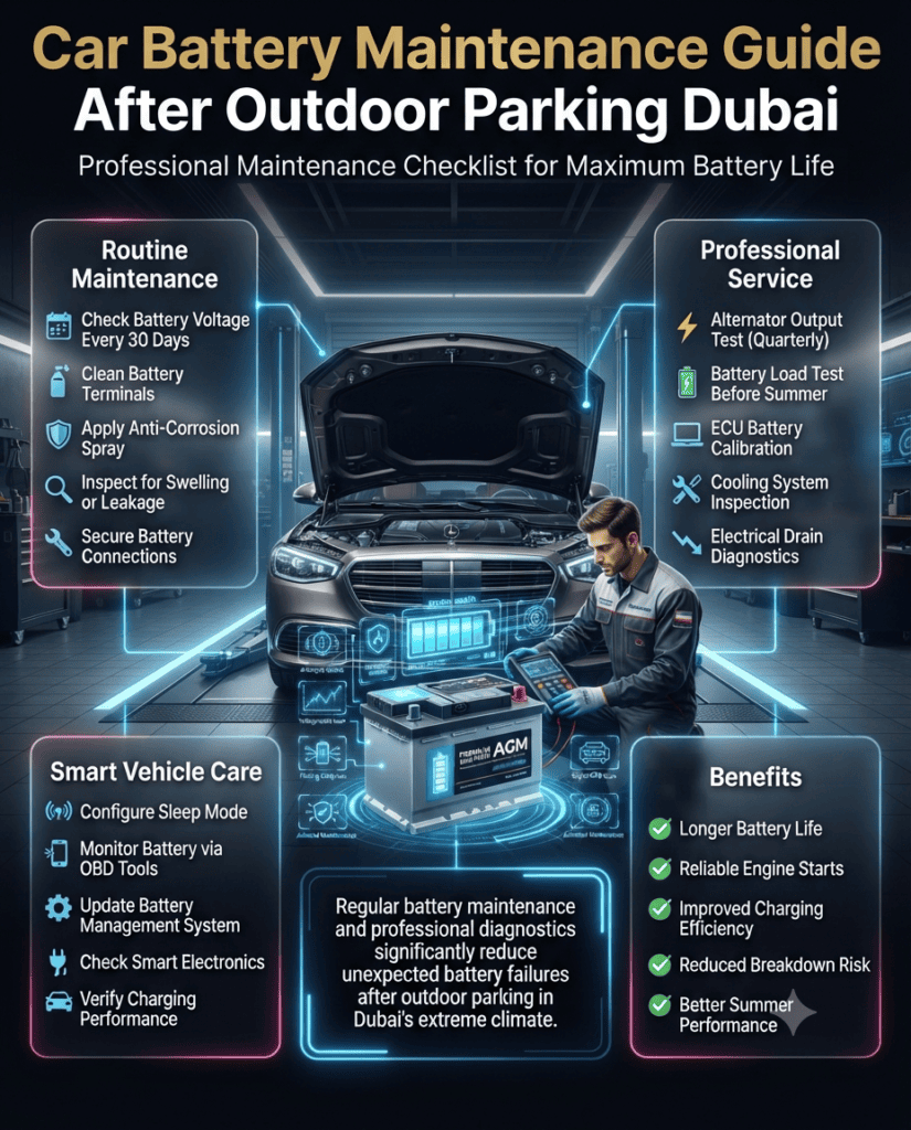 Car Battery Maintenance Guide After Outdoor Parking Dubai – Professional Maintenance Checklist Premium maintenance guide infographic showing professional car battery maintenance after outdoor parking in Dubai, including voltage checks, terminal cleaning, alternator testing, ECU calibration, battery diagnostics, OBD monitoring, and preventive maintenance tips.