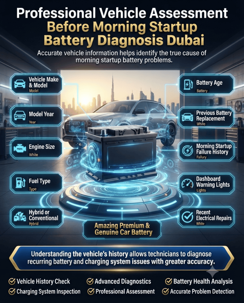 Professional Vehicle Assessment Before Morning Startup Battery Diagnosis Dubai Premium automotive infographic showing the professional vehicle assessment process before diagnosing a morning startup battery issue in Dubai, including vehicle information, battery history, dashboard warning lights, engine details, and previous battery replacement records.