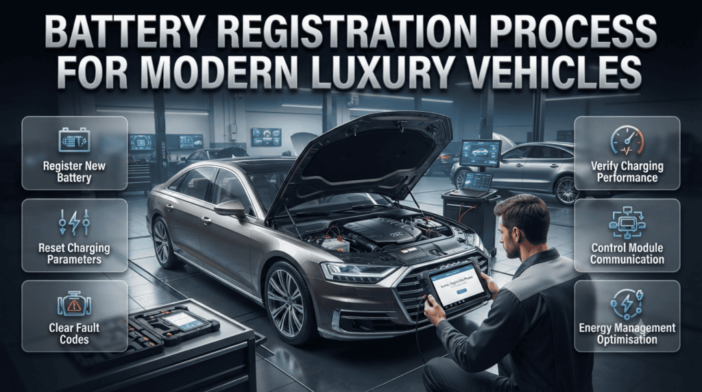 Luxury vehicle battery registration infographic showing diagnostic coding, charging reset, fault clearing, and professional installation