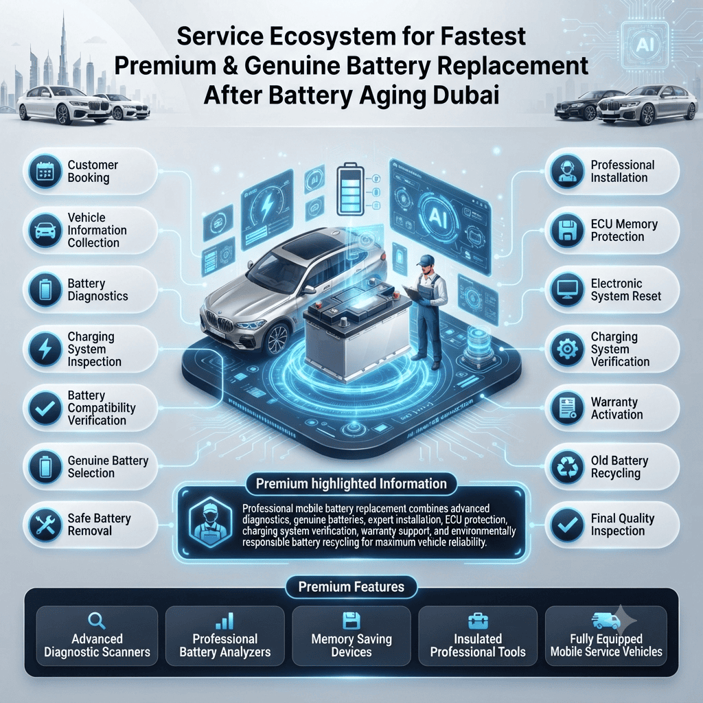 Service Ecosystem for Fastest Premium & Genuine Battery Replacement After Battery Aging Dubai Professional service ecosystem for fastest premium and genuine battery replacement after battery aging in Dubai, showing customer booking, diagnostics, charging system inspection, ECU protection, battery installation, warranty activation, and battery recycling.