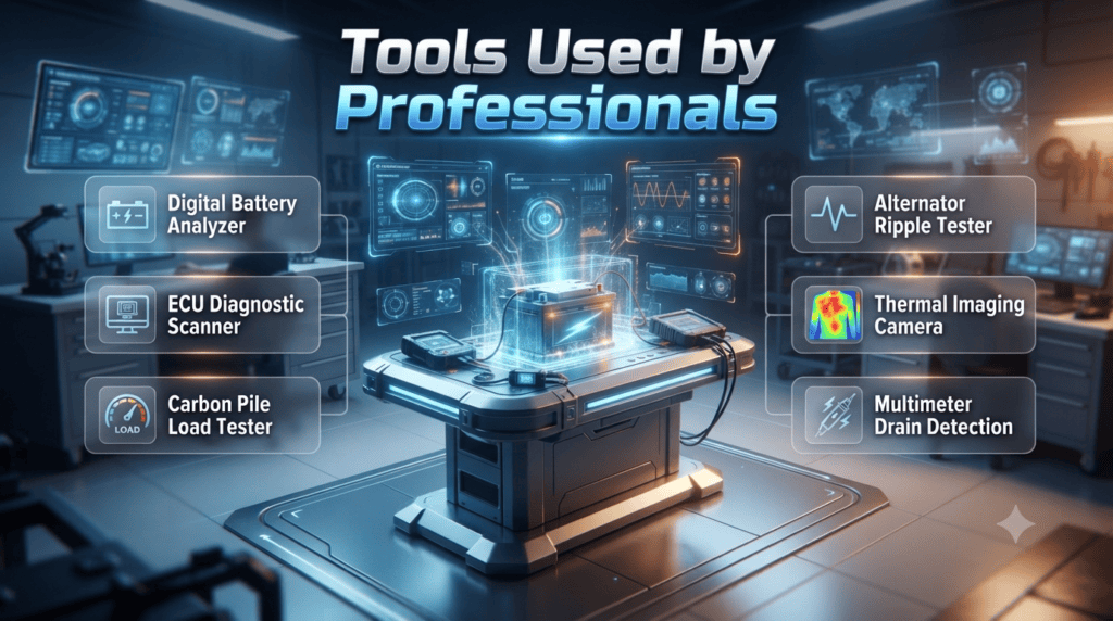 Professional Car Battery Diagnostic Tools Used in Auto Workshops Automotive infographic showing professional battery diagnostic tools including analyzer, ECU scanner, load tester, and thermal imaging used in workshops.