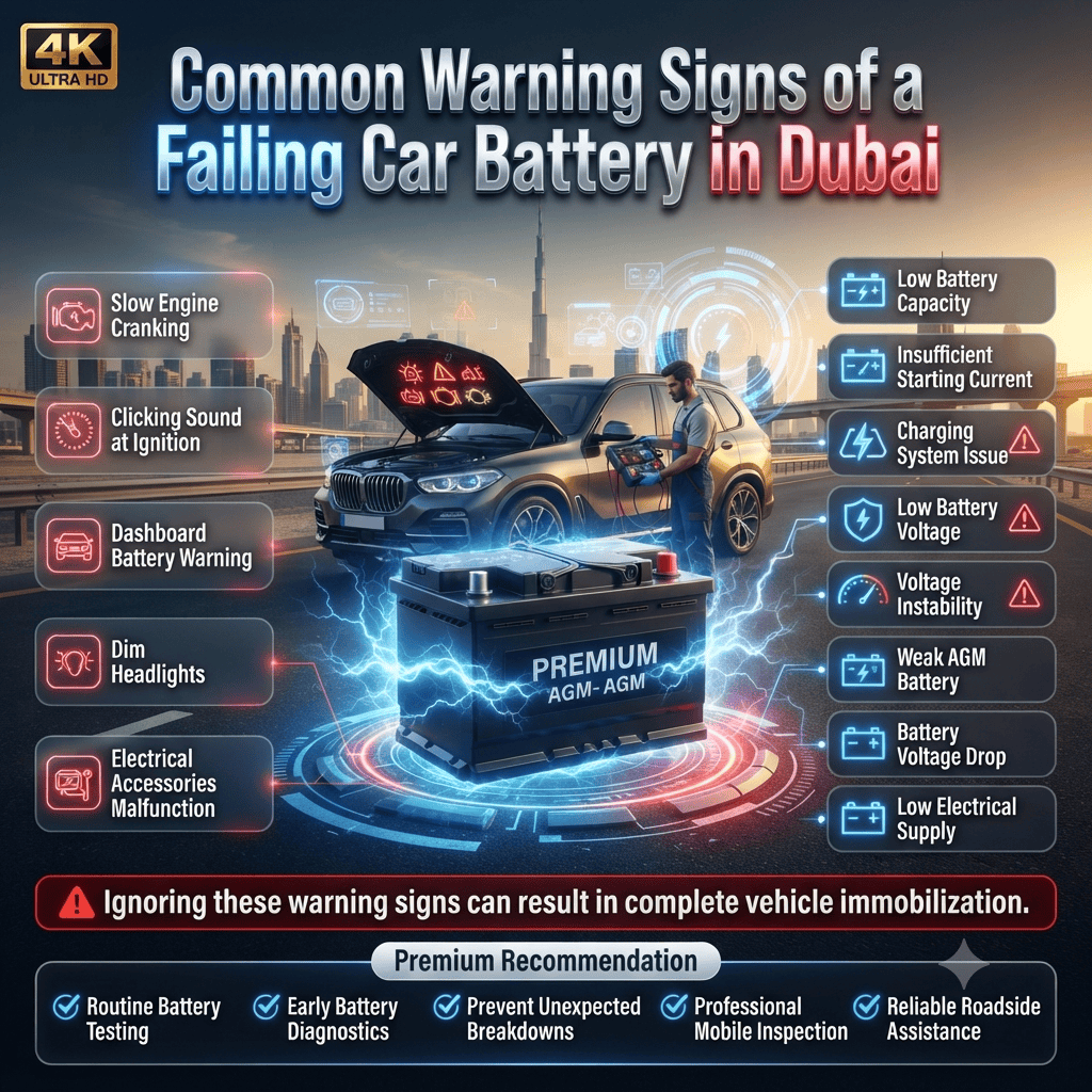 Common Warning Signs of a Failing Car Battery in Dubai | Battery Failure Symptoms Guide Premium infographic showing the common warning signs of a failing car battery in Dubai, including slow engine cranking, dashboard battery warning, dim headlights, clicking ignition, voltage issues, and professional battery diagnostics.