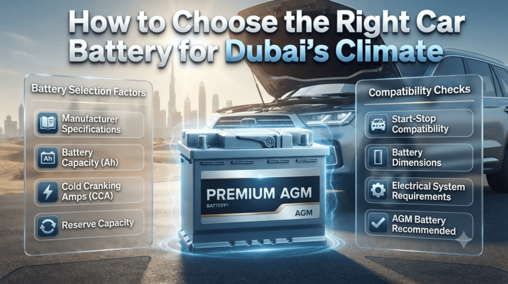 Comparison of car batteries for Dubai's hot climate showing AGM battery, battery specifications, and key selection factors for reliable vehicle performance.