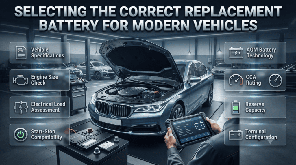 Car battery replacement guide showing AGM battery selection, CCA testing, vehicle specifications, and professional battery installation