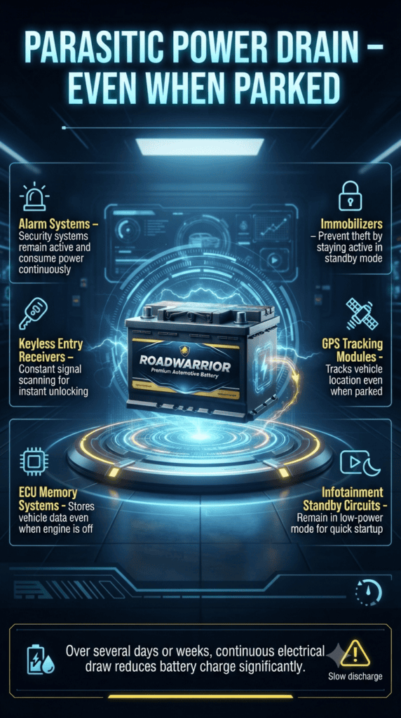 Parasitic Power Drain – Why Car Batteries Lose Charge Even When Parked Futuristic automotive infographic showing parasitic power drain in modern cars, with a central branded car battery surrounded by glowing energy effects and labeled systems like ECU, alarm, GPS, and immobilizer explaining battery drain while parked.