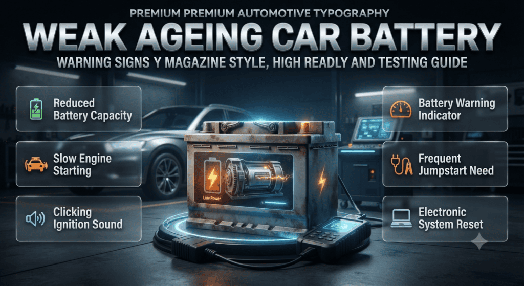 Weak Ageing Car Battery Warning Signs and Testing Guide Weak ageing car battery infographic showing slow starts, warning signs, jumpstart issues, and professional battery testing