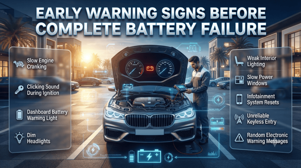Early Warning Signs Before Complete Car Battery Failure Infographic showing early warning signs of car battery failure, including slow engine cranking, dashboard battery light, dim headlights, clicking sounds, and weak electronics.