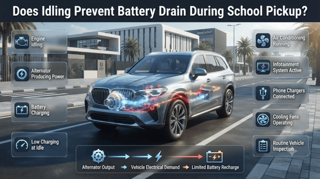 Infographic comparing engine idling and battery charging, showing alternator output, electrical accessories, and why idling may not fully recharge a weak car battery.