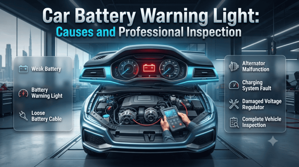 Car Battery Warning Light: Causes and Professional Inspection Automotive infographic showing a car battery warning light with battery diagnostics, alternator inspection, charging system faults, and professional vehicle inspection.