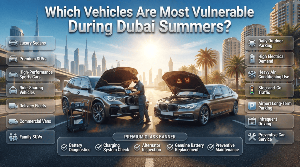 Vehicles Most Vulnerable to Battery Failure During Dubai Summers Infographic showing vehicles most vulnerable to battery failure during Dubai summers, including luxury cars, SUVs, fleets, commercial vans, and airport-parked vehicles.