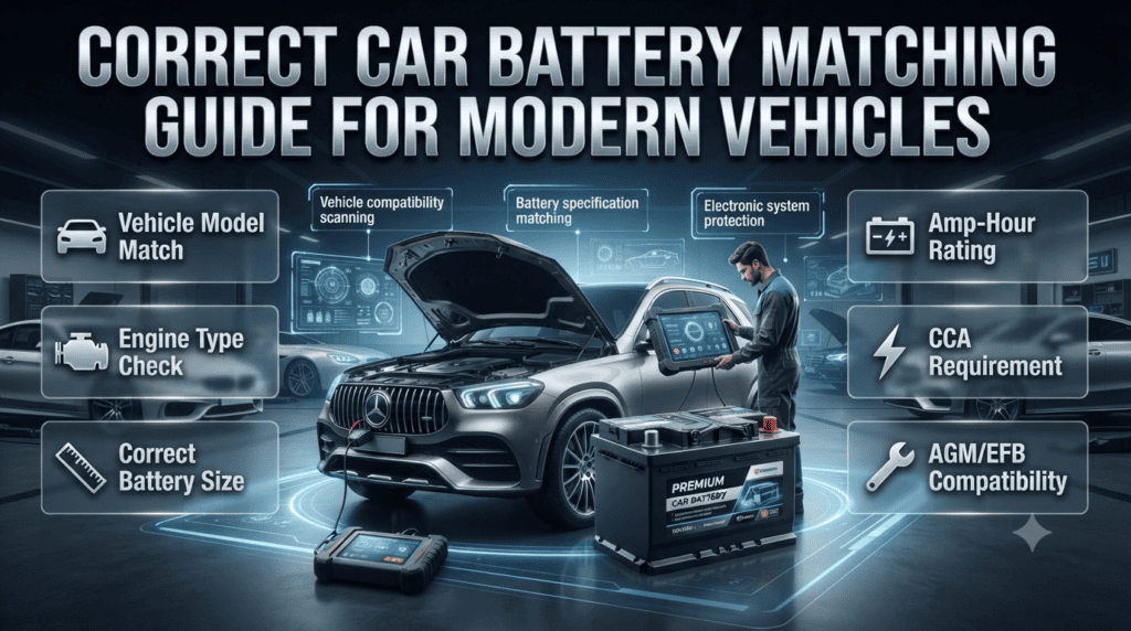 Correct Car Battery Matching Guide for Modern Vehicles Modern vehicle battery matching process showing model, engine type, CCA, AGM compatibility, and professional installation requirements