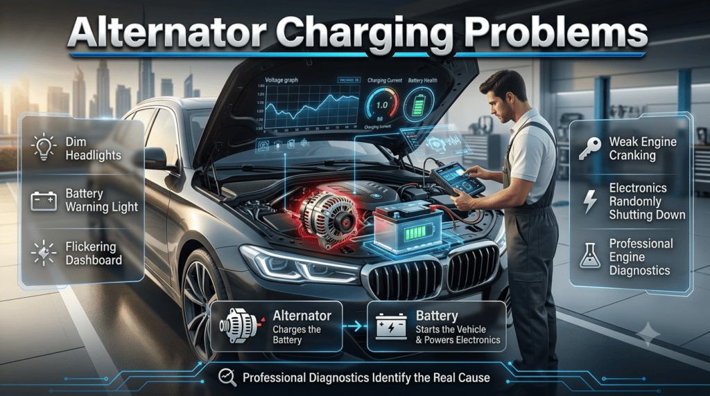 Premium automotive infographic comparing alternator charging problems and battery failure, showing warning signs like dim headlights, battery light, and weak engine cranking.